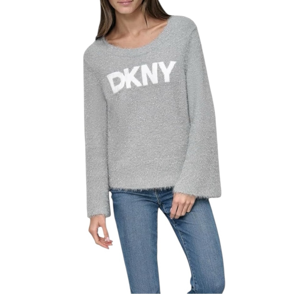 NEW DKNY Silver Metallic Crew Neck Sweater Boxy Bell Sleeve Size XL